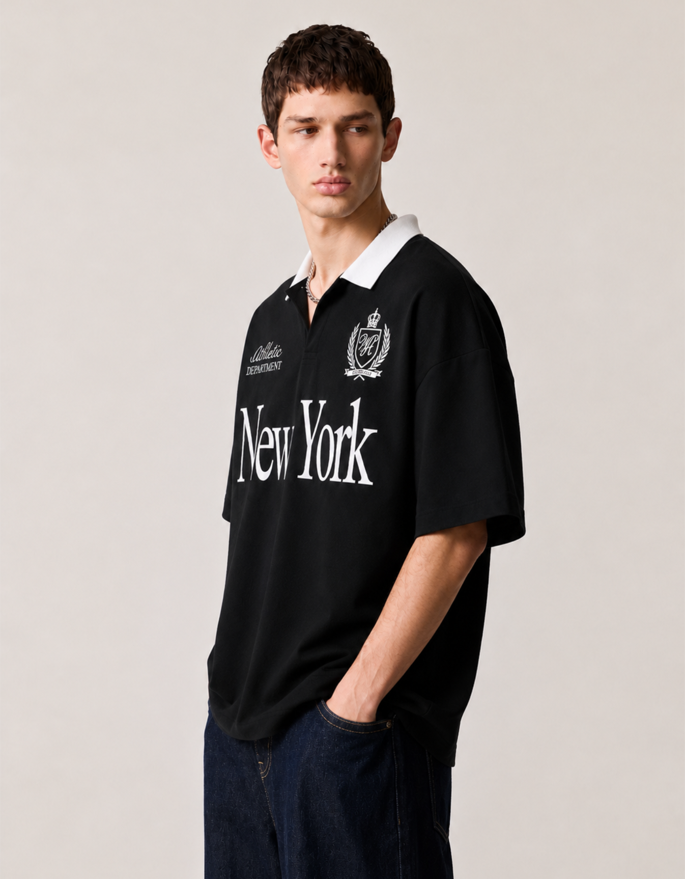 NEW YORK BLACK OVERSIZED FIT POLO T-SHIRT