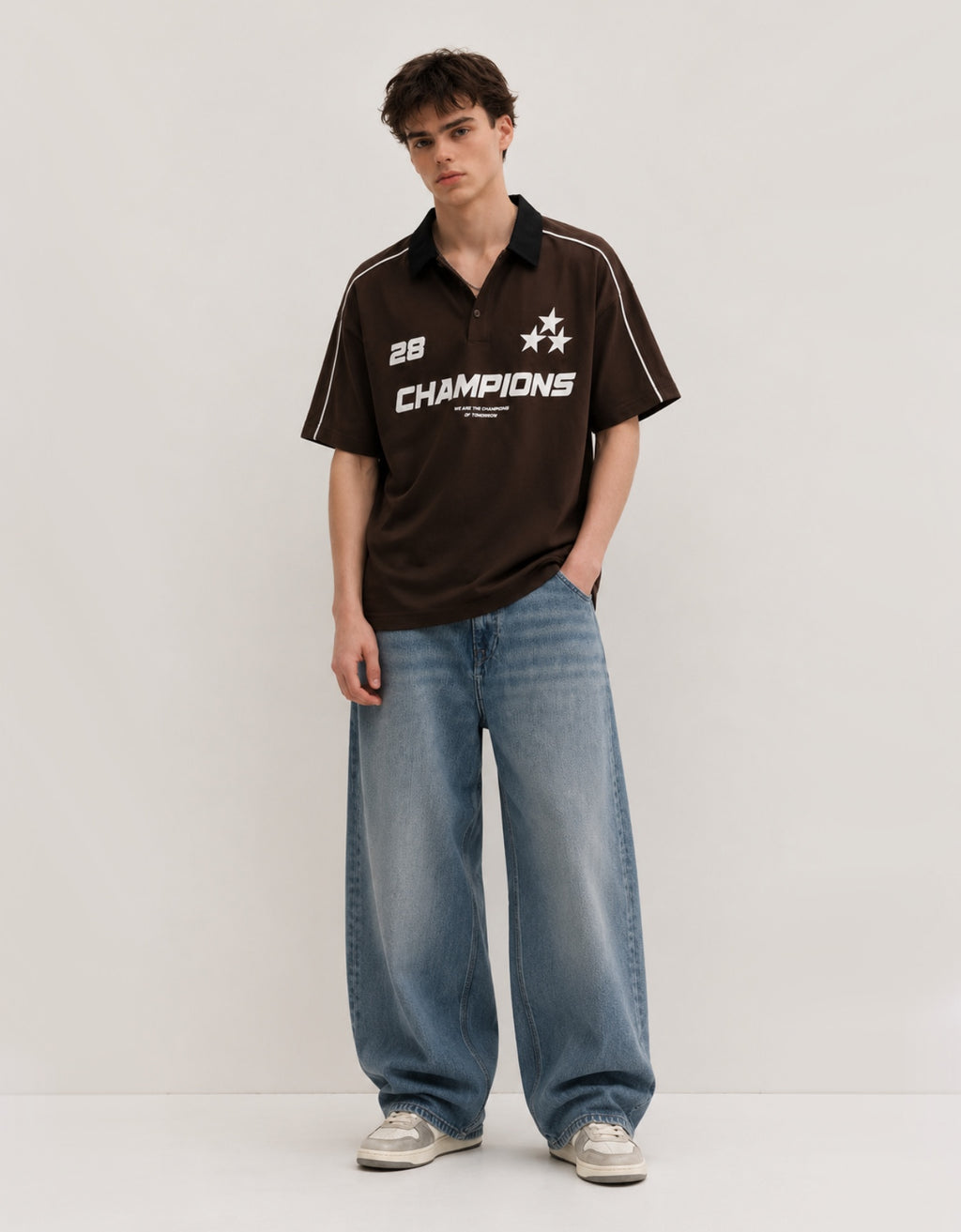 CHAMPIONS BROWN OVERSIZED FIT POLO T-SHIRT