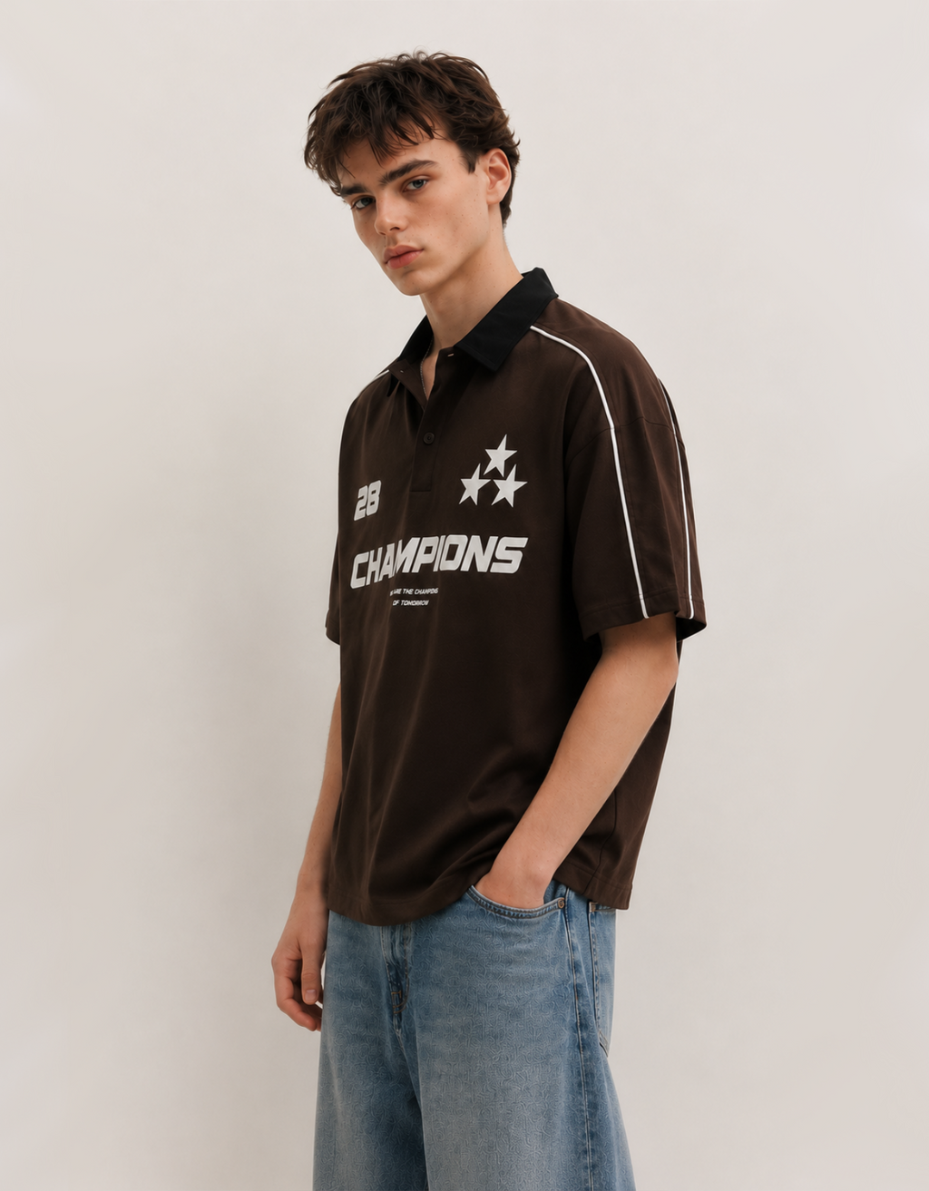 CHAMPIONS BROWN OVERSIZED FIT POLO T-SHIRT