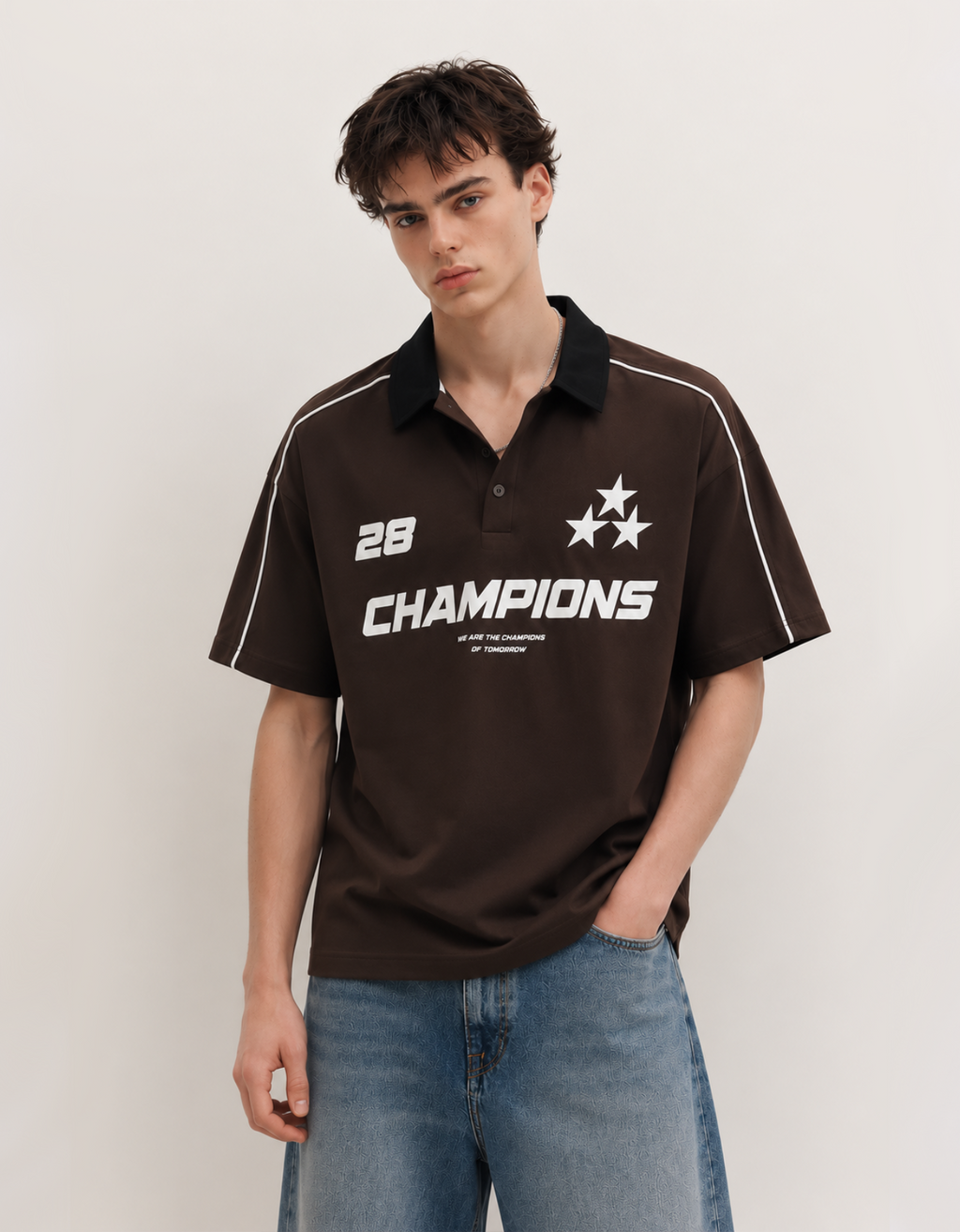 CHAMPIONS BROWN OVERSIZED FIT POLO T-SHIRT
